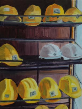 Miners&rsquo; Helmets, Kohtla-Nomme Mine, Ida-Virumaa Estonia | Oil on canvas 40 x 30 cm framed 2024 | Judy Carroll Deeley